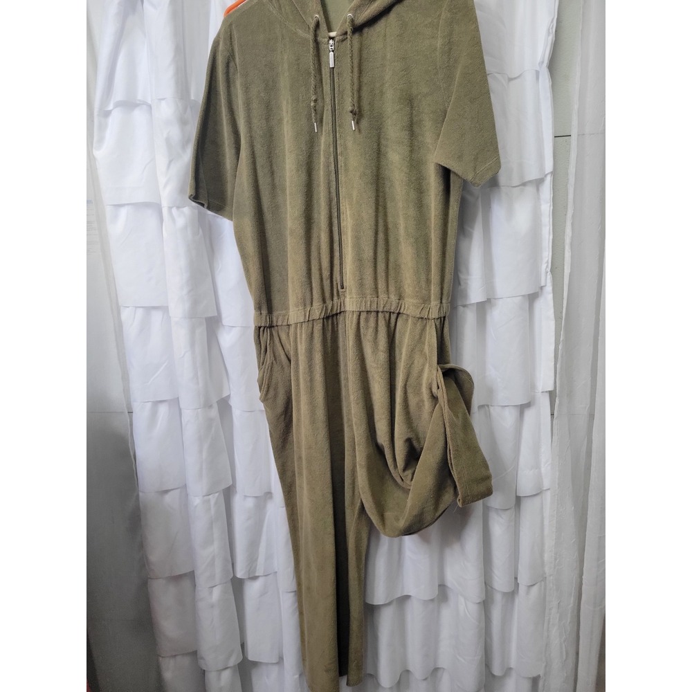 Olive Terry Cloth Short Sleeve Hooded Jumpsuit Zip Front Elastic Waist XL 1406 - Picture 2 of 9